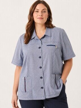 Femme Active Blue Gingham Utility Blouse, Coastal Grandma, Nautical Chic,Size 16
